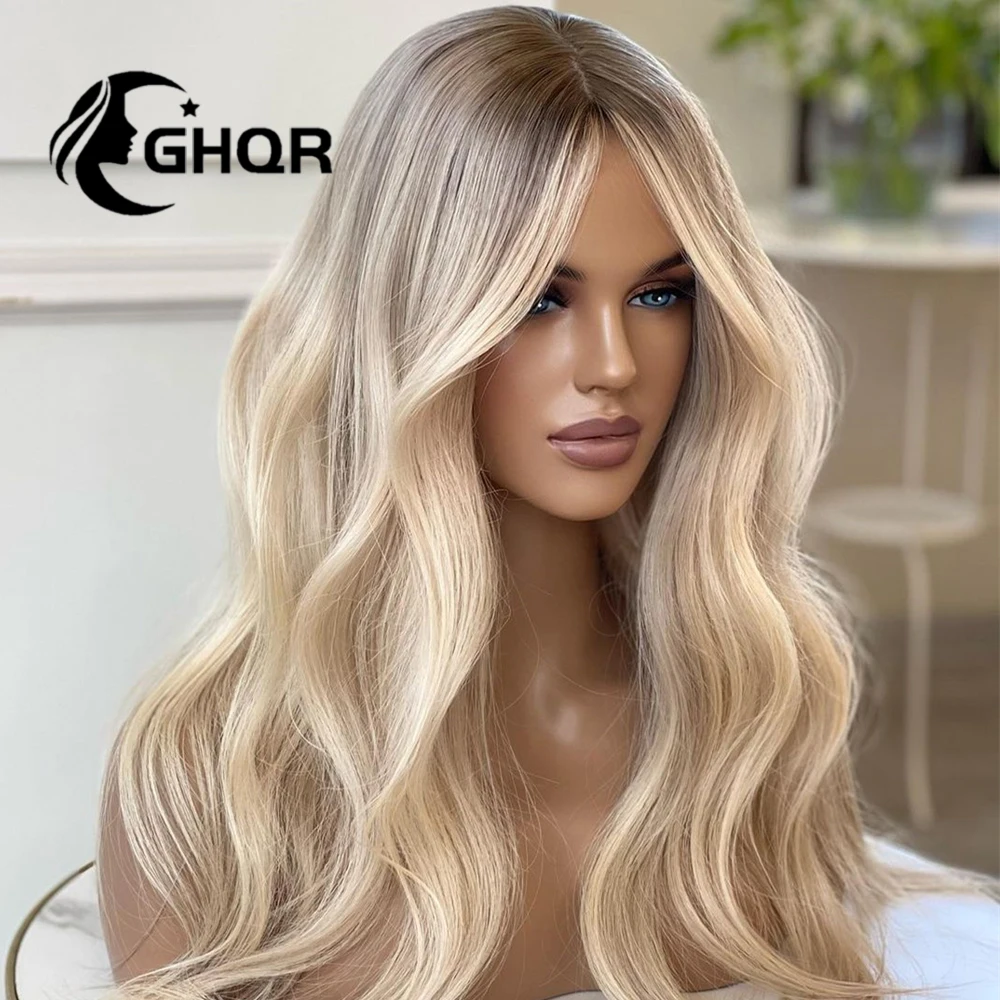 Menschliches haar volle spitze frontal perücke highligh braune wurzeln hd transparente schweizer spitze 13x4 spitze frontal blonde perücke natürliche welle ombre