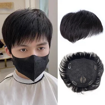 100% Human Hair Men Hairpiece Black False Cover Breathable Hair Net Base  Male Clips-On Wig Effectively Cover Thinning Hair