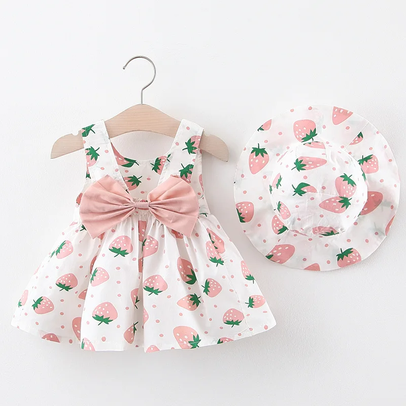 Baby Girl Dress Print Plaid Bow Summer Princess Party Dress Infant Toddler Clothes Newborn Baby Dress+Hat Kids Clothing Set DS29