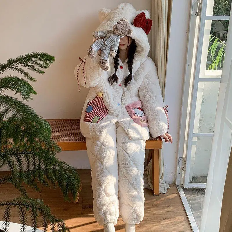

Лидер продаж Kawaii Sanrio Hello Kitty, милые пижамы с капюшоном, осень-зима, толстый свитшот для девочек, милый кардиган, теплый повседневный комплект домашней одежды
