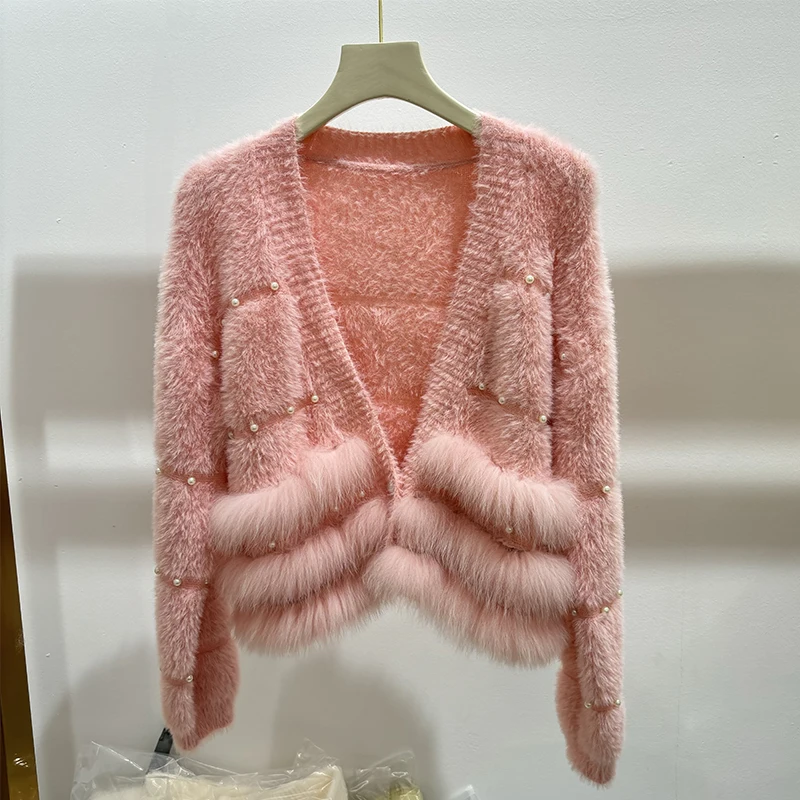 2025 Cappotto a maniche lunghe lavorato a maglia maglione autunnale da ragazza con decorazione esterna in pelliccia di volpe naturale rosa da donna