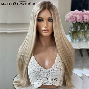 Ombre Ash Blonde Bunte gerade spitzen Spitzenperücke für Frauen, lange synthetische Babyhaare, vordere, vorne, 13x3 10 Hauptverkäufe Lisa Blonde Perücken - №8