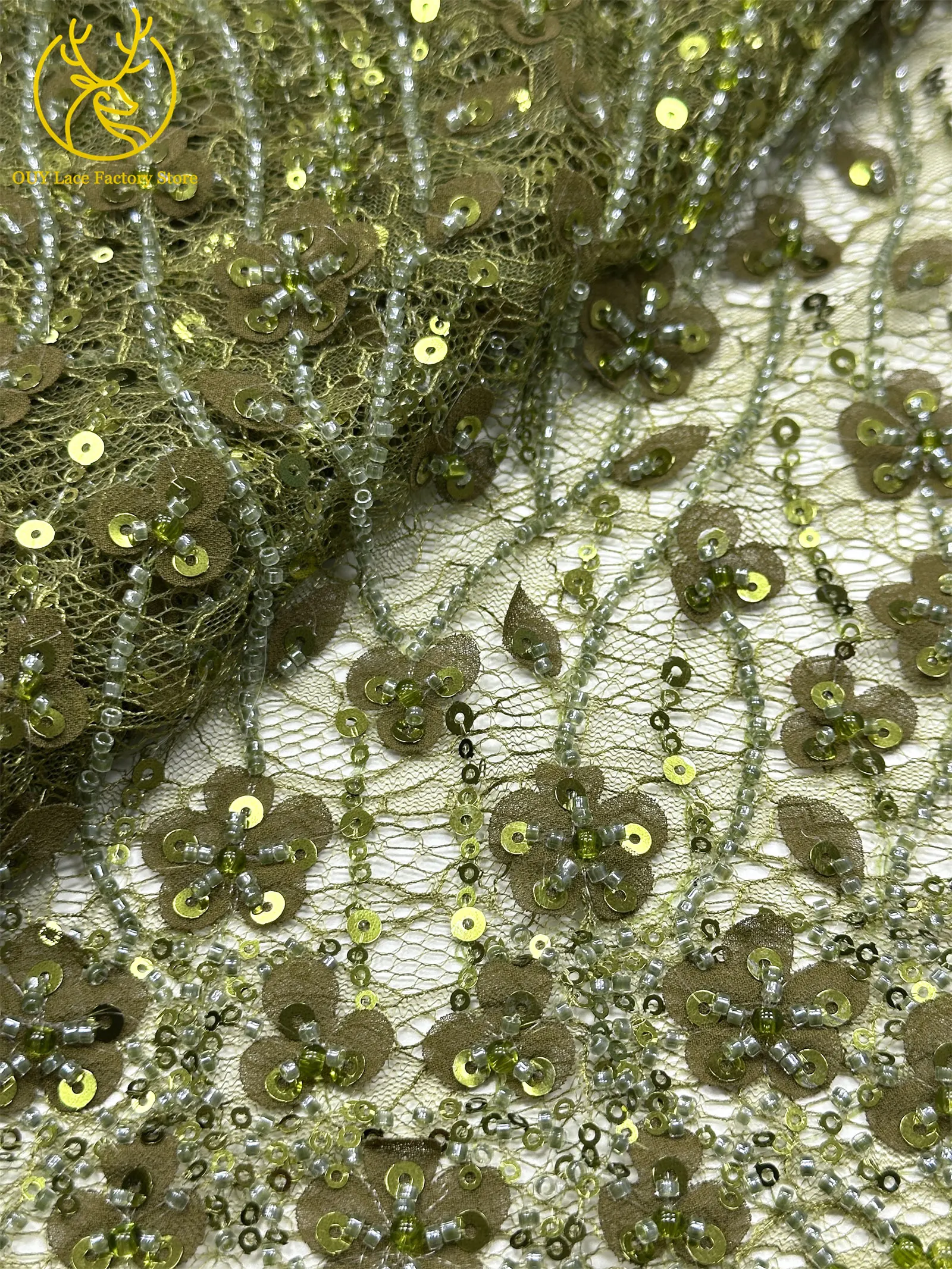 Olivgrüner afrikanischer Brautkleid-Spitzenstoff 2026, hochwertige nigerianische Pailletten-Stickerei-Spitze für Brautkleider und Partykleider zum Nähen – Detail 23