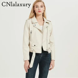 CNlalaxury Black Faux Leather PU Jacket With Belt Women Long Sleeve Lapel Motorcycle Jackets Female Spring Autumn Coat