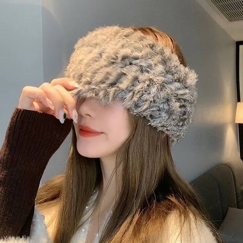 Autumn Winter Knitted Real Rabbit Fur Headband for Women Fluffy Elastic Hair Bands Ring for Ladies Hair Ties резинка для волос