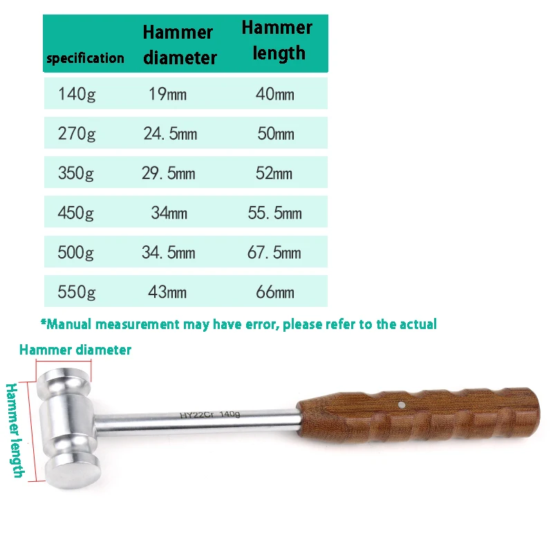 Martelo de aço inoxidável do osso, punho da gumwood, 140g, 270g, 350g, 450g, 500g, 550 g