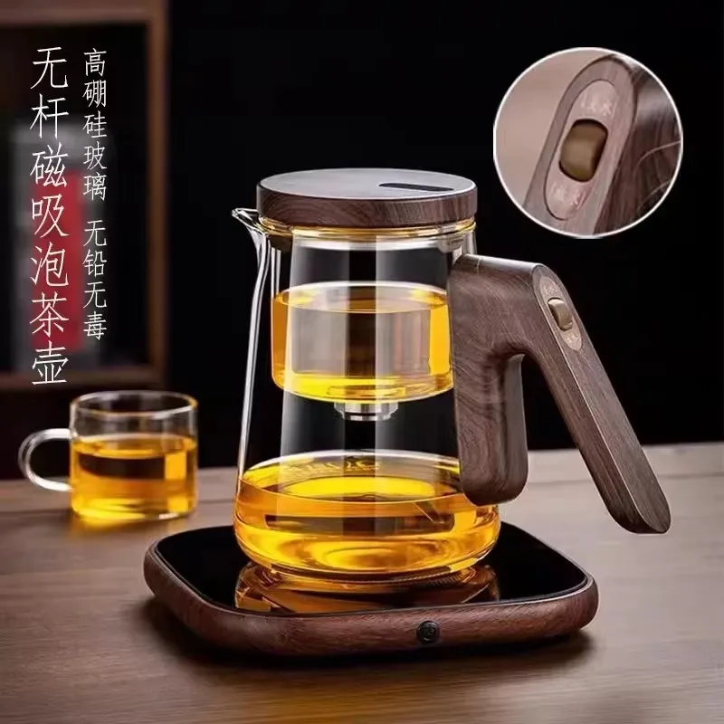 Elegant and Functional Glass Teapot with Heat-resistant Magnetic Suction Cup Separation and One-button Filter for Brewing Tea