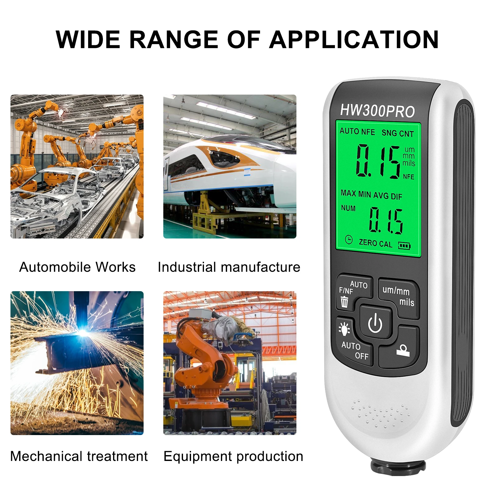 HW-300PRO High Precise Thickness Gauge 0-2000UM Car Film Thickness Meter LCD Digital Auto FE/NFE Paint Coating Thickness Tester