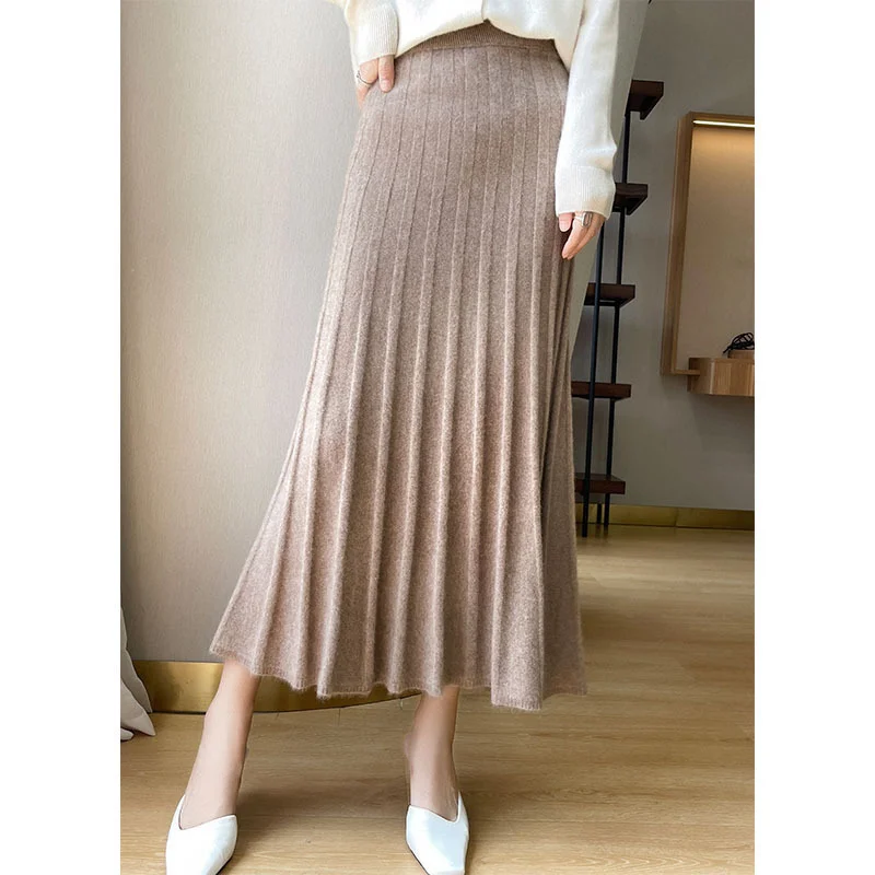 Women Wool Knitted Skirts Autumn Winter Pleated Umbrella Skort Medium-length High Waist Clothing Elastic Soft Double-sided Wear