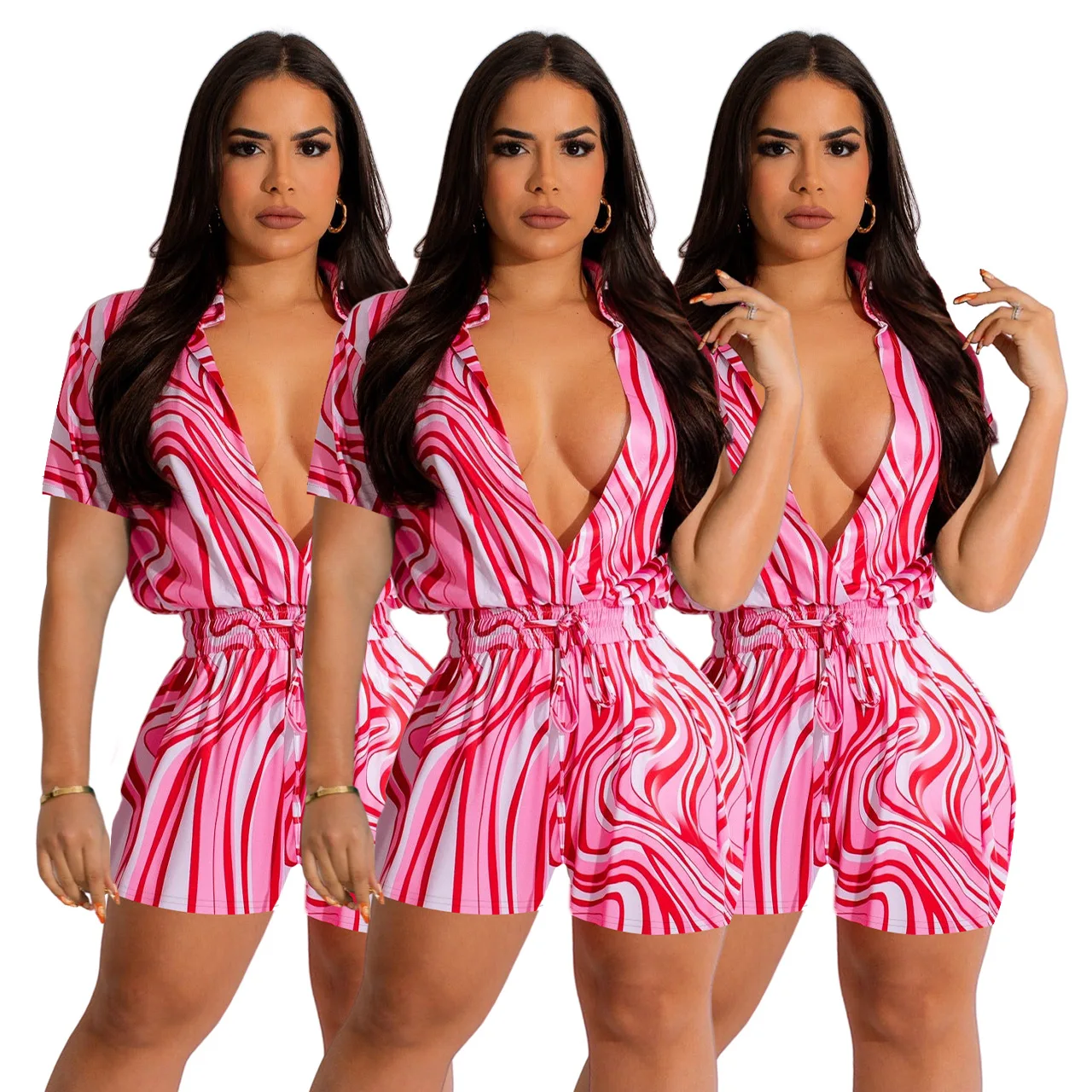 Summer Women Casua Short Sleeve Deep V Cardigan Printed Shorts Jumpsuit Loungewear Lady Sexy High Waist Slim Fit Jumpsuit Romper