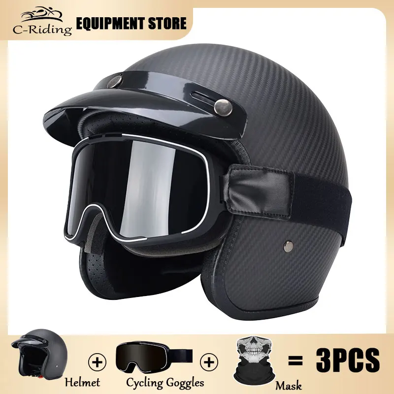 Carbon Fibre Helmets Motorcycle Half Helmet Electric Safety Helmet With Bongrace Retro Racing Reinforced Shell Moto Helmets