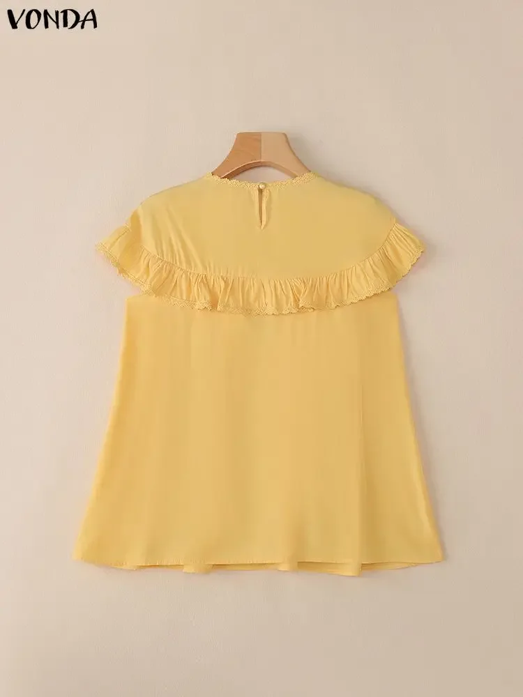 VONDA Modna Bluzka Damska Casual Krótki Rękaw Falbany Elegancka Koszula Biurowa Koronkowa Tunika Top 2025 Lato Jednolity Kolor Bluzki