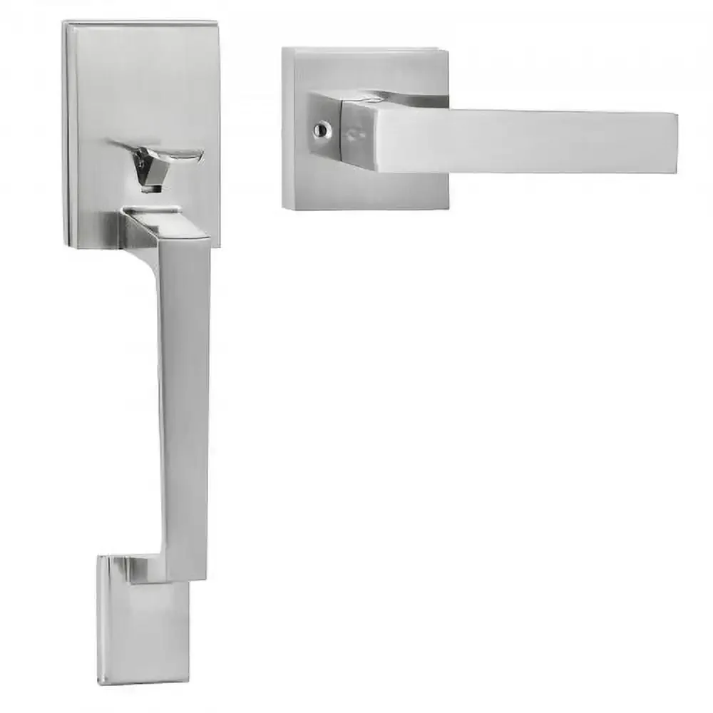 Satin Nickel Square Handle Set with Lever Door Handle No Lock, Adjustable Hole Space, Entry Door Handle with Reversible