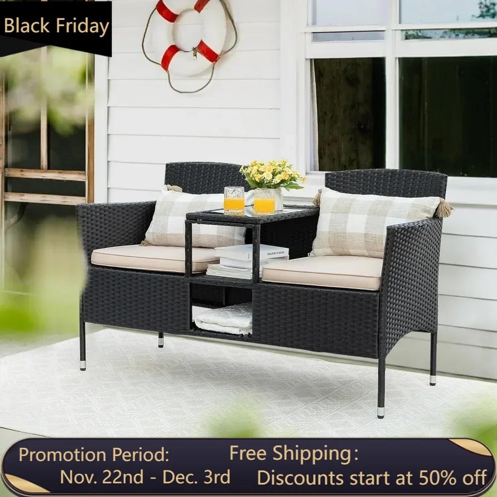 Outdoor Furniture Patio Loveseat Wicker 2-Seat with Built-in Table and Cushions Rattan Porch Chairs Bench for Balcony, Lawn