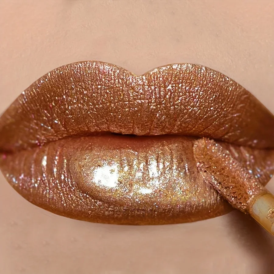 2024 Liquid Lipstick Chewy Golden Metallic Lip Gloss Shimmer Texture Golden Bling Glitter Lipstick Suitable Makeup Face Paint