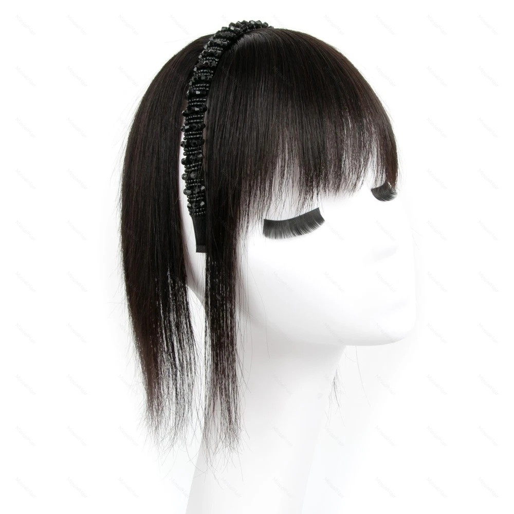 インスタント人毛ヘッドバンド前髪ウィッグ一体型本物の髪の毛トップカバー額と後頭部の白髪をカバー黒茶色
