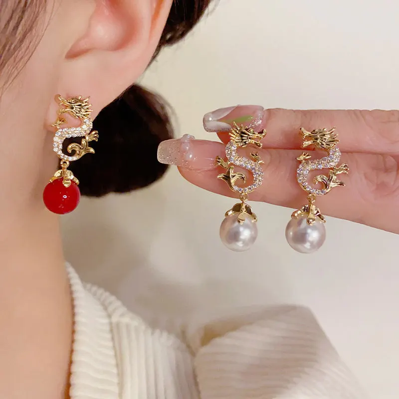 Rhinestone New Chinese Dragon Earrings for Women Temperament Pearl Drop Earring 2024 New Year Festive New Year Dragon Jewelry