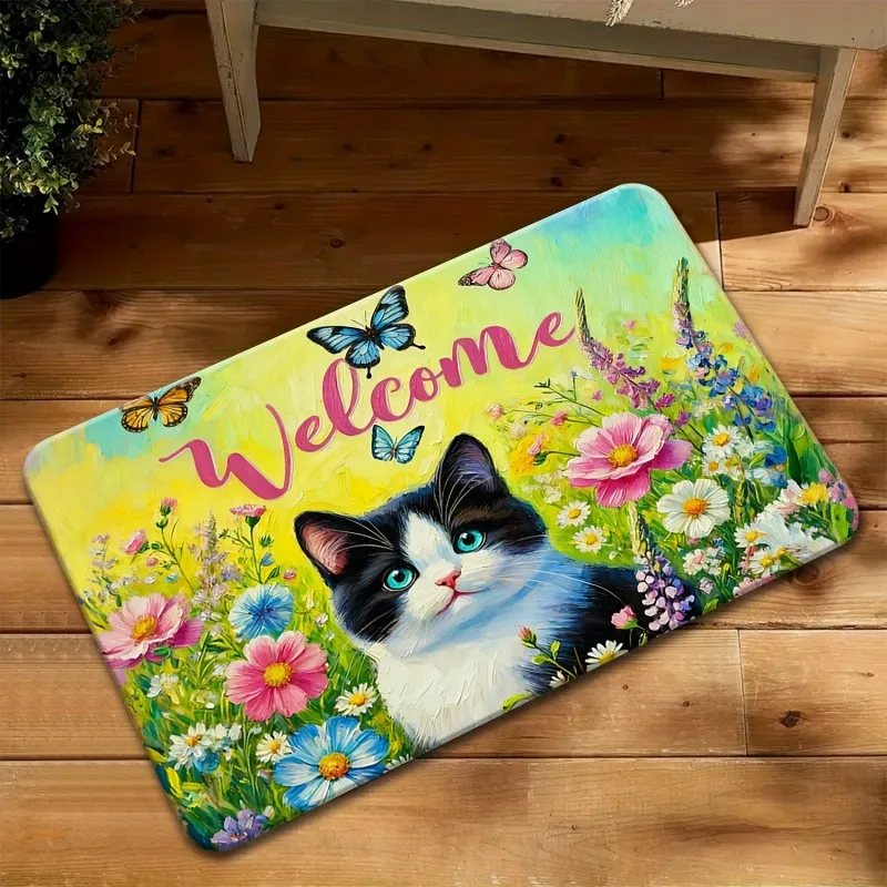 Cute Minimal Cartoon Style Beige mat Three Peeking Black Cat Big Eye Graphic Print Non Slip Indoor Entryway Doormat