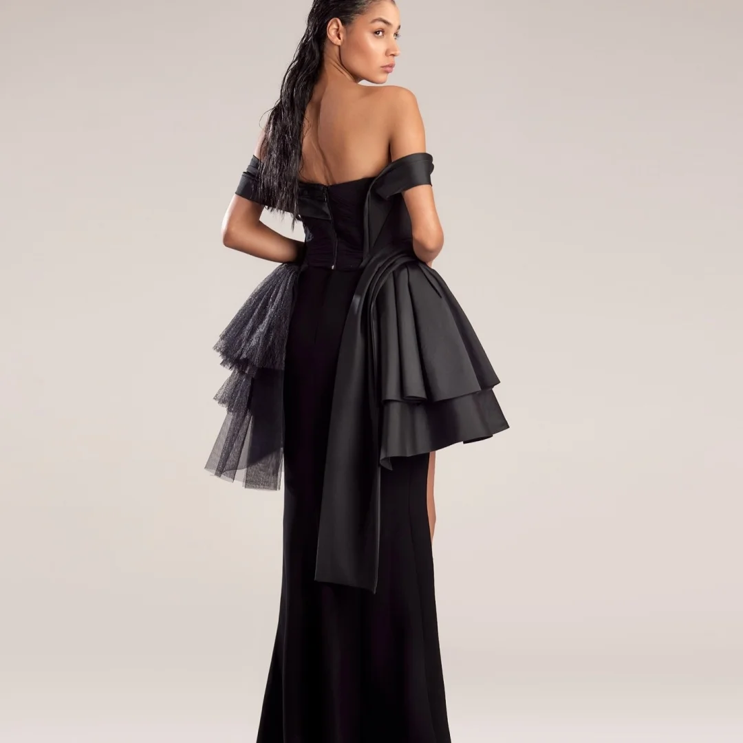 تخصيص رشيقة جيرسي مستقيم قبالة الكتف فساتين السهرة حمالة قصيرة الأكمام سستة الظهر لوحة القطار B #3