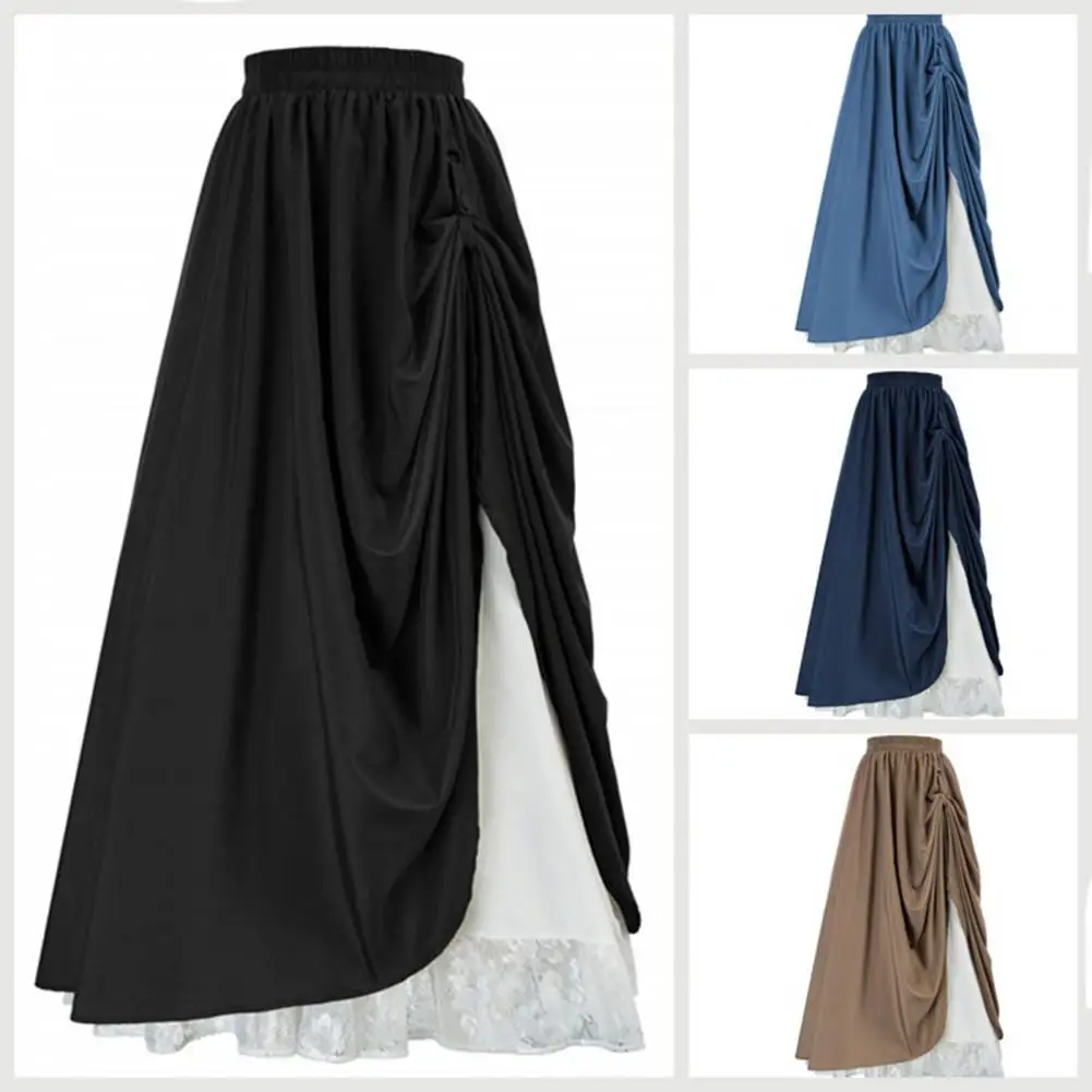 Women Retro Medieval Elastic Lace Side Pleated High Waist Boho Maxi Skirt Casual Drawstring A Line Shirt Backless Vintage Skirt