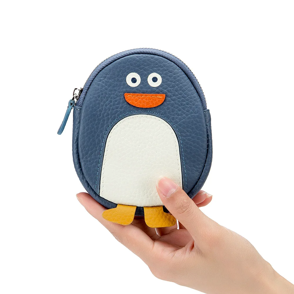 Monedero de piel de vaca con forma de pingüino para mujer, monedero de piel de vaca versátil, soporte Flexible para lápices labiales, exquisita