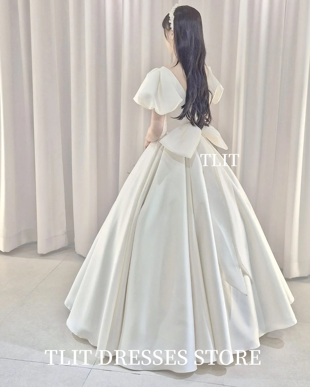 TLIT prosta biała suknia wieczorowa-line Korea suknie ślubne sesja zdjęciowa dostosowane O-Neck bufiaste rękawy suknie na bal maturalny wysoki podział