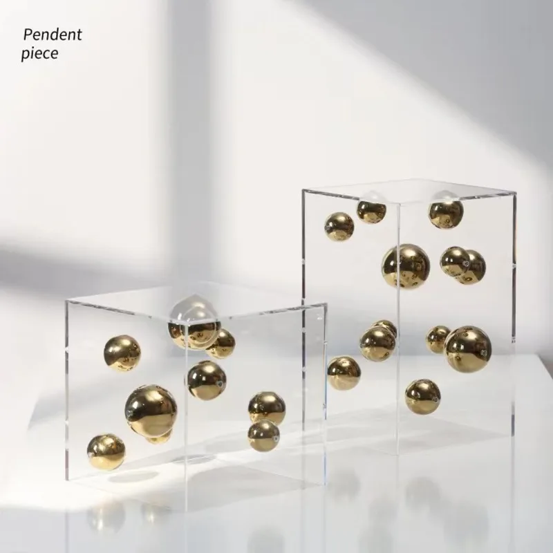 Abstract Metal Ball Square Transparent Box Ornaments Creative Floating Ball Aesthetics Design Artwork Office Home Desktop Decor