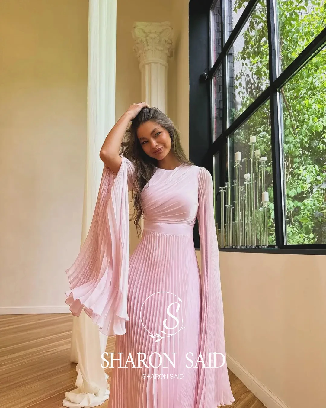 シャロンは言った-ピンクのプリーツイブニングドレス女性用,フレアスリーブ付きのカスタマイズされたドレス,結婚披露宴,プロム,ドバイ,sf070