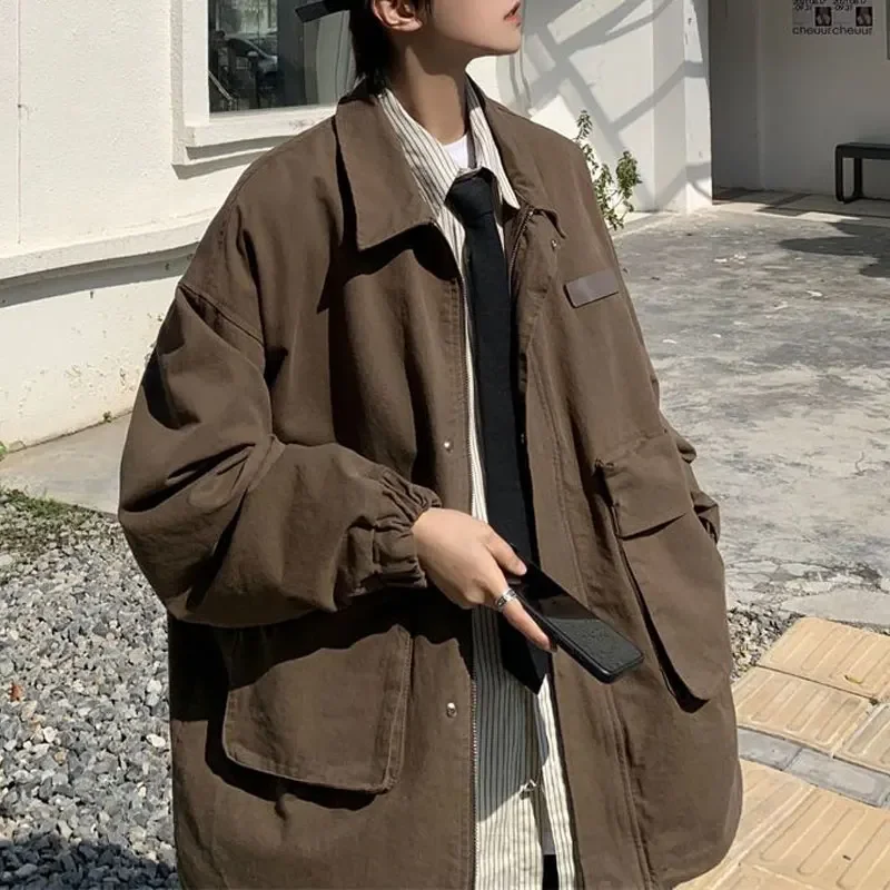 Vintage Solid Color Japan Style Coats Autumn Long Sleeve Loose Men's Clothing Polo-Neck Safari Style Casual Zipper Basic Jackets