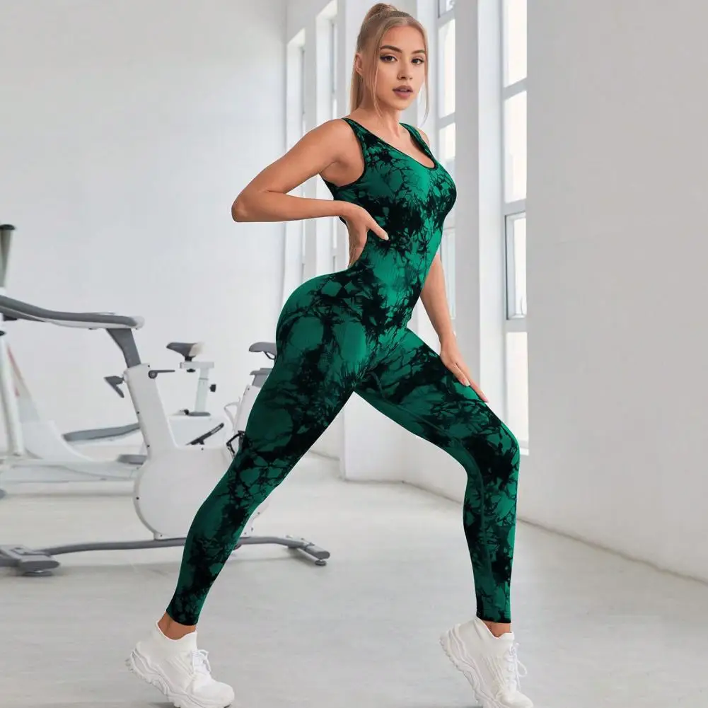 U-neck Design Jumpsuit Women Tie-dye Jumpsuit Tie-dye Butt-lifted Women's Sport Jumpsuit for Jogging Yoga Contrast Color