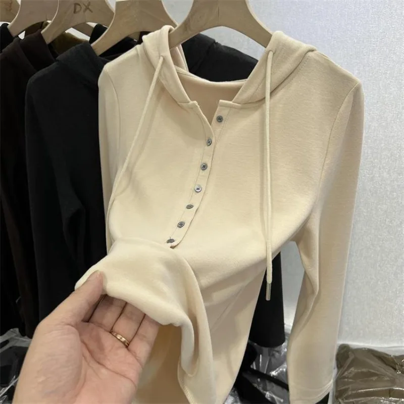 Ultra Soft Double-sided Solid Long Sleeve Hooded Thermal Base Shirt Trendy Autumn Winter New Style Versatile Women Top