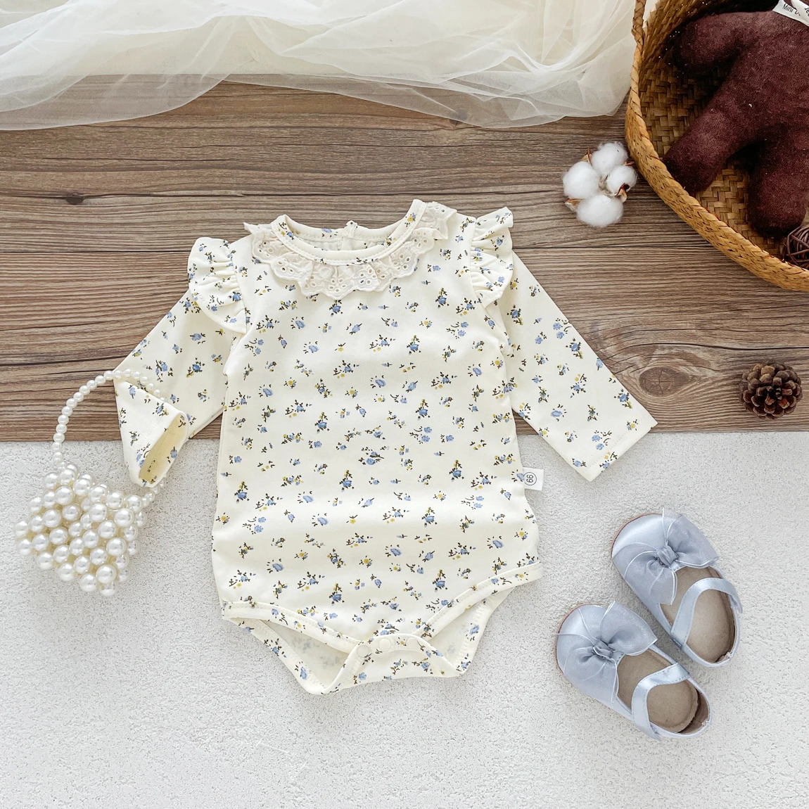 Spring and Autumn Baby\'s Cotton Floral Long-sleeved Dress Lace Doll Collar Fresh Style Baby Girl\'s Suit