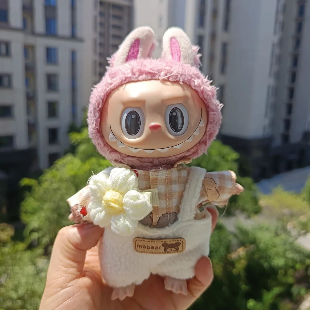 

Clothes For Labubu 15/17Cm Dolls Gen 1-3 Spring Field White T-Shirt Bear Overalls Set Apparel Hanging Accessories