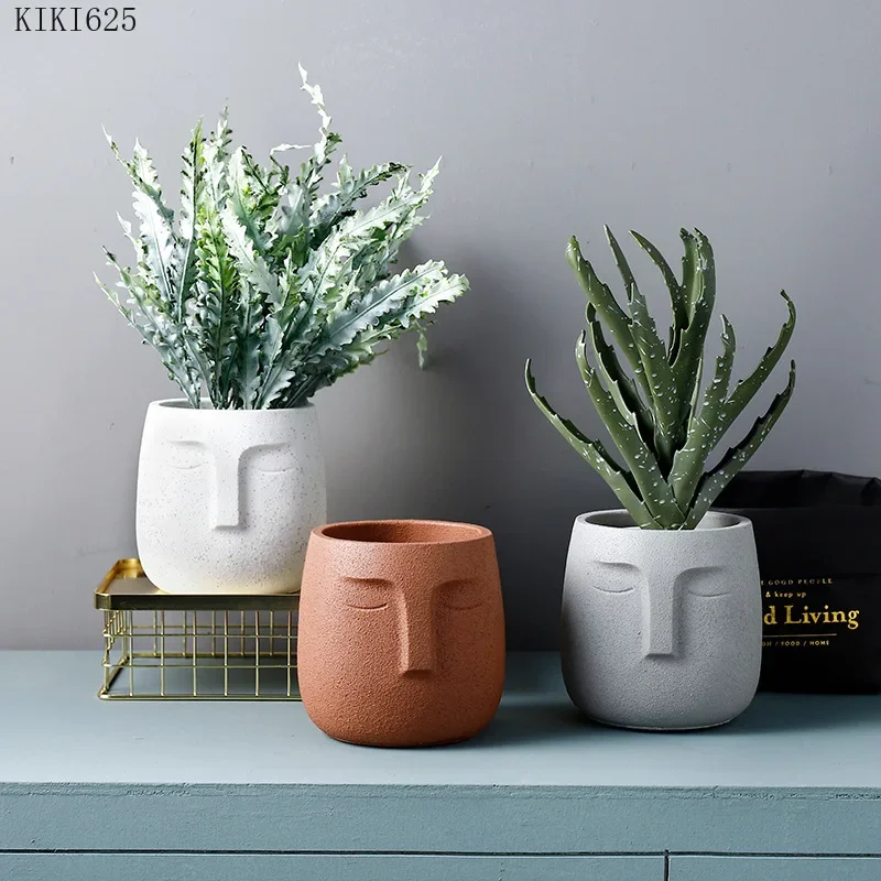 European Character Avatar Face Ceramic Flower Pot Succulents Potted Human Head Vase Flower Pot Countertop Living Room Decoration