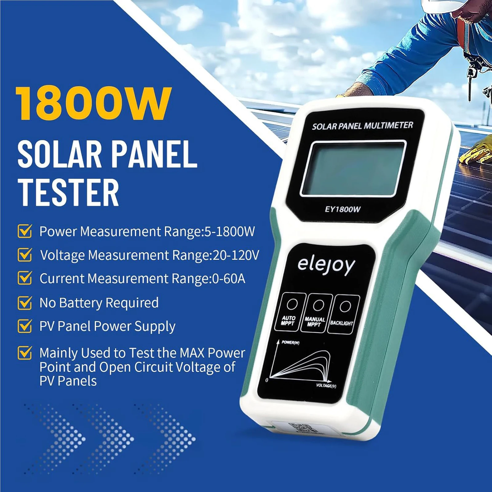 

1800W Solar Panel Tester MPPT Photovoltaic Multimeter Watt Meter Portable Tool for Solar PV Panel Data & Troubleshoot Measures