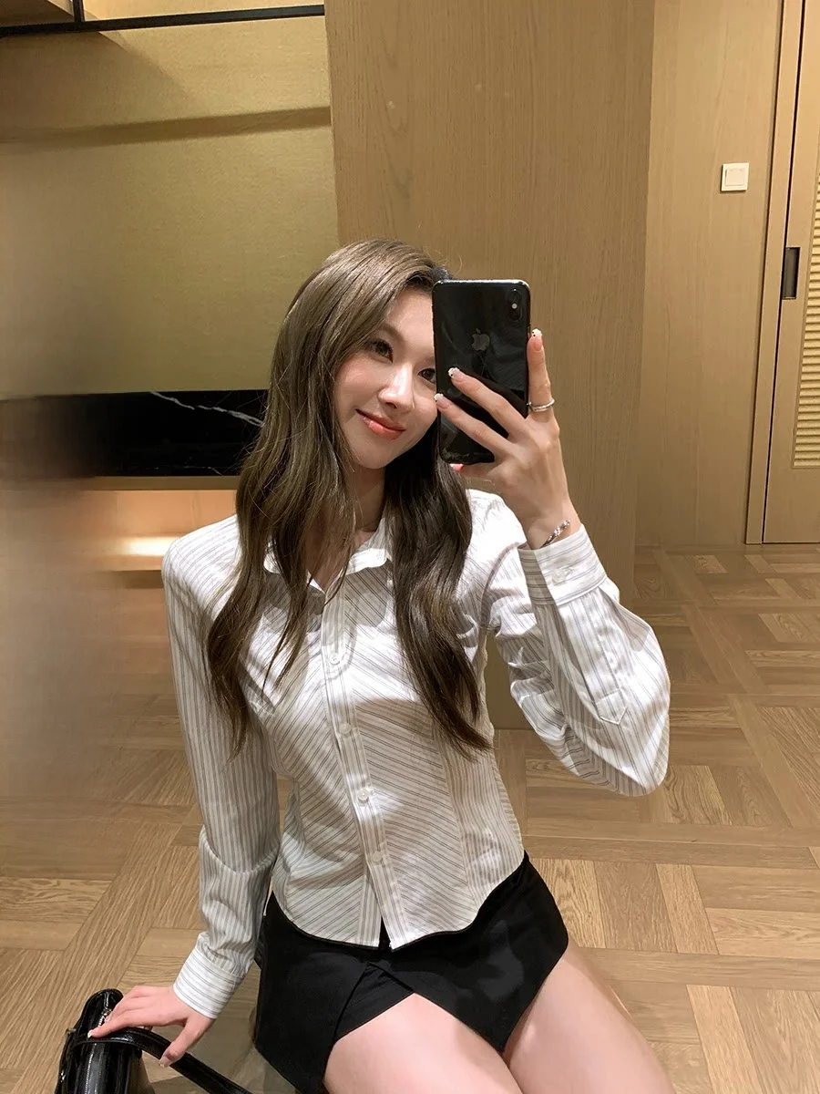 

Женская приталенная рубашка с длинным рукавом в полоску, повседневный стиль, весна-лето, новинка, рубашка-поло с воротником-стойкой