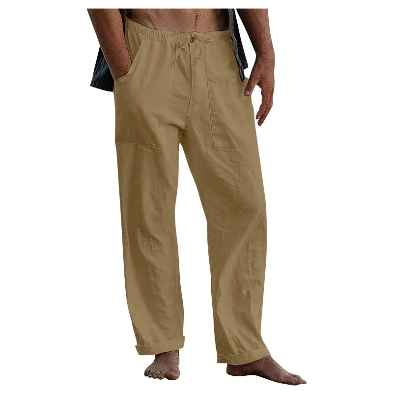 2025 Men's Linen Beach Pants - Elastic Drawstring Waist Casual Deep  Pockets Lightweight Beach Casual Trousers (Summer)