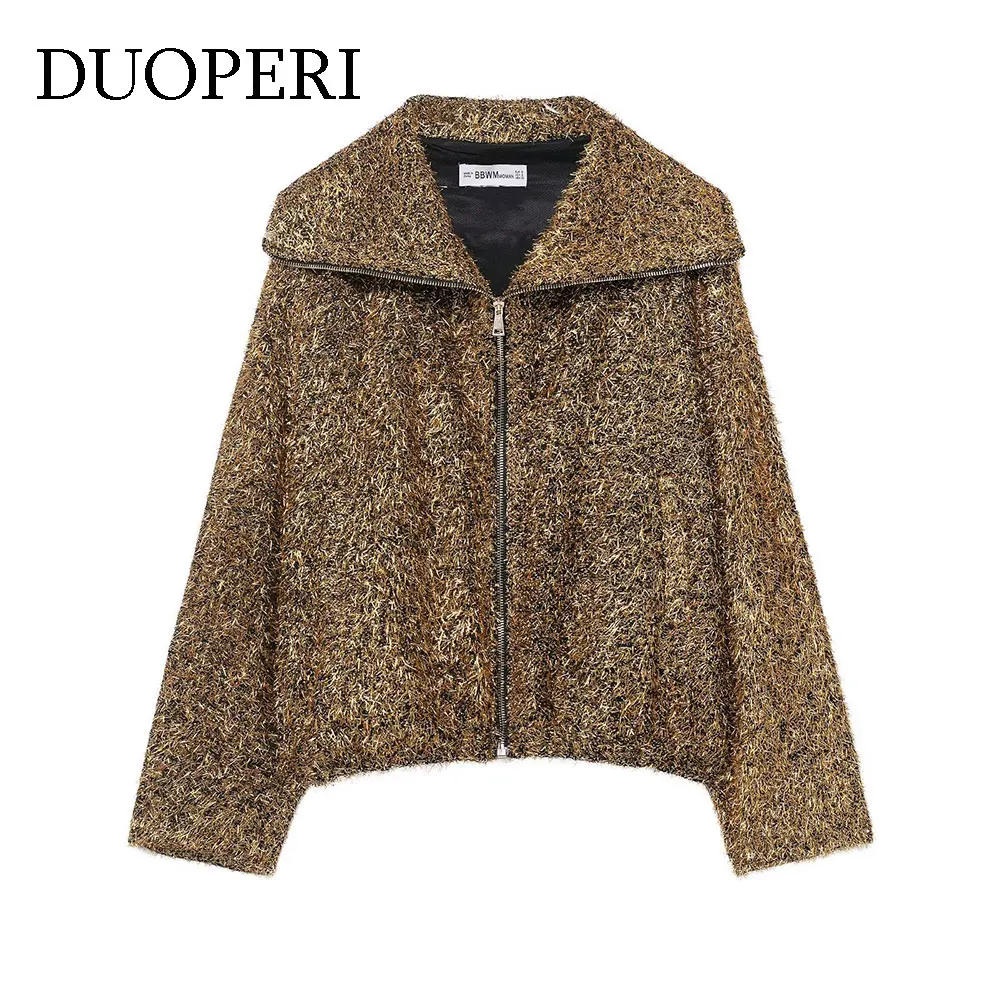 

DUOPERI Women's Fashion Golden Front Zipper Jackets Y2K Lapel Neck Long Sleeves Coats Female ELegant Chic Lady Outfits