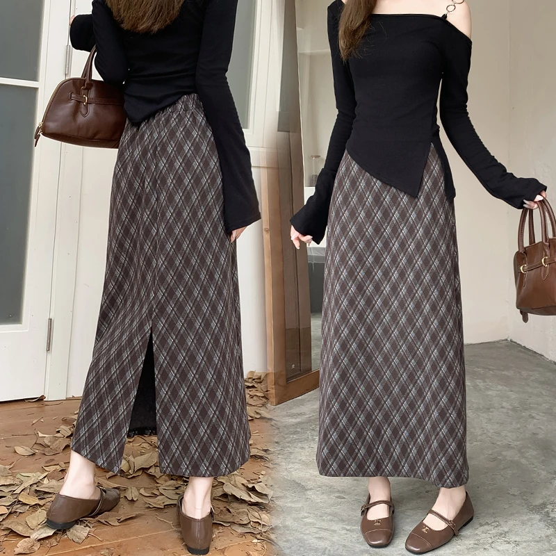 موضة جديدة منقوشة ميدي تنورة للنساء الخريف الشتاء المتخصصة تصميم البريد مستقيم تنورة عادية مكتب سيدة التنانير الطويلة