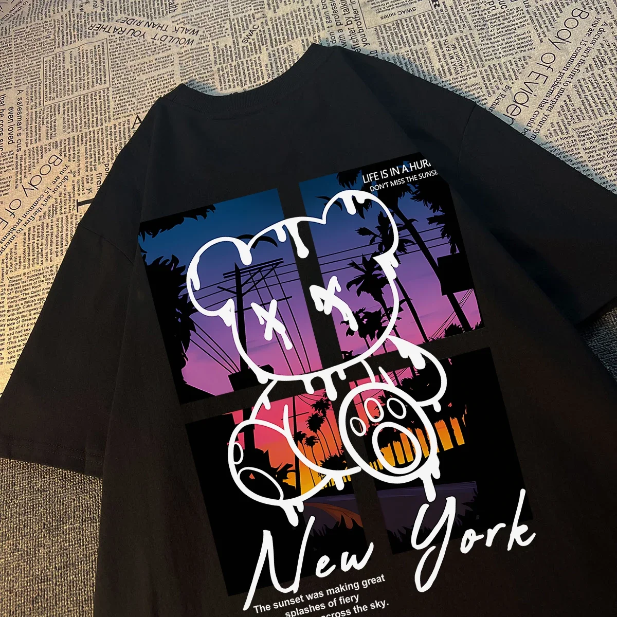 

New York Art Word Cartoon Bear Sunset Scenery Design T Shirts Men Hip Hop Cotton Shirt Loose Summer T Shirts Oversized Tees