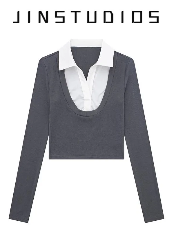 

Slim Fit Long Sve T-irt with irt Collar Splice Super ort Sexy Top for Women Spring Autumn American Retro Sle ...