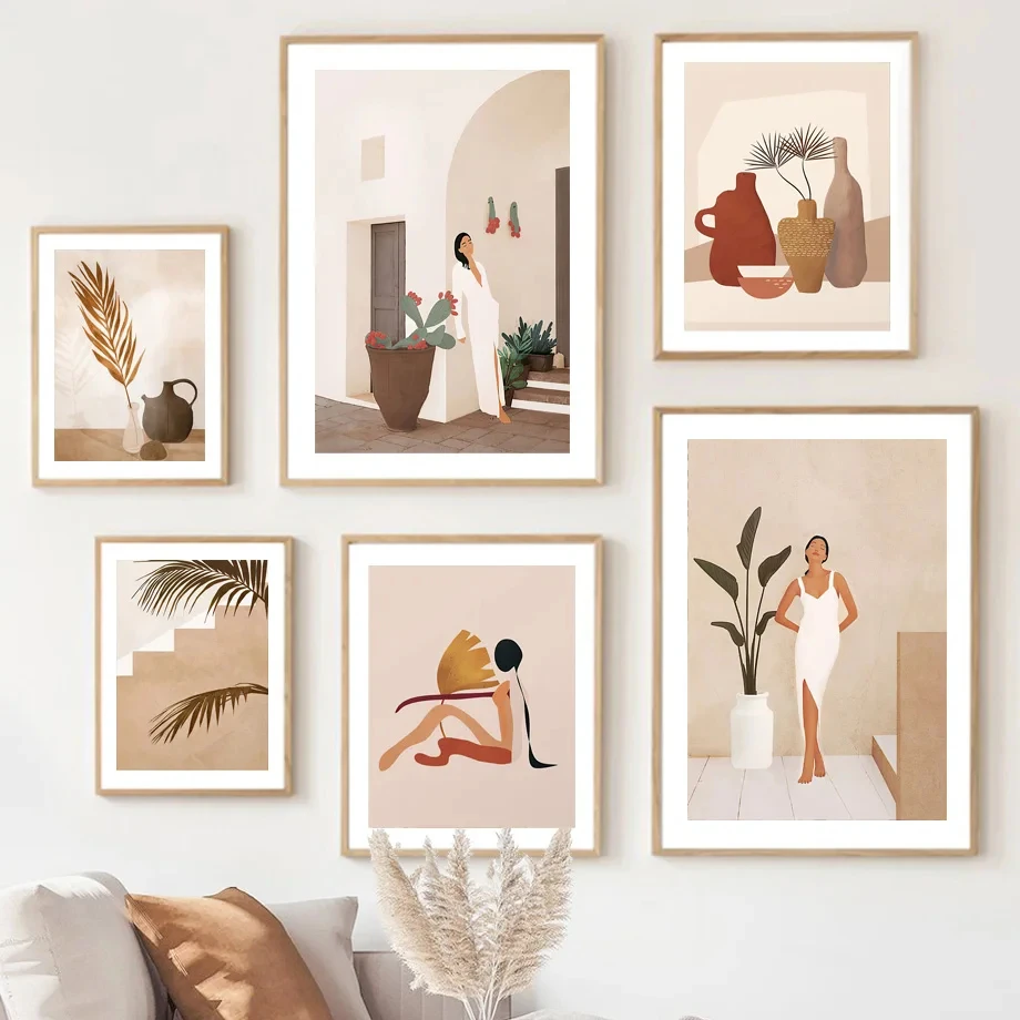 

Fashion Girl Palm Monstera Leaf Vase Boho Landscape Posters And Prints Canvas Art Wall Decoration Home Paintings For Living Room