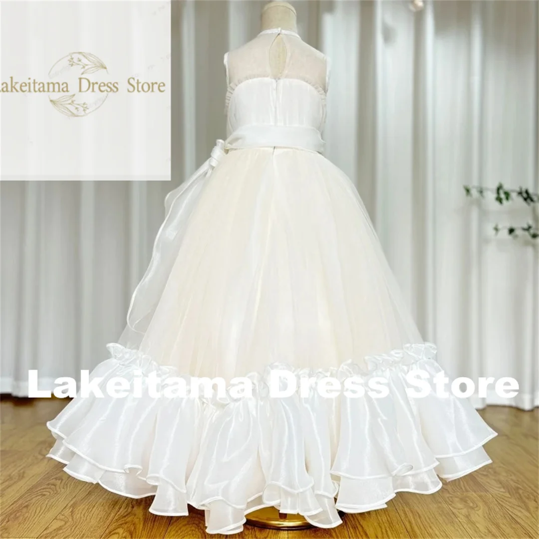 Customization Flower Girl Dresses Light Champagne Tulle Satin Tiered With Bow Ribbon Sleeveless For Wedding Birthday Banquet Pri