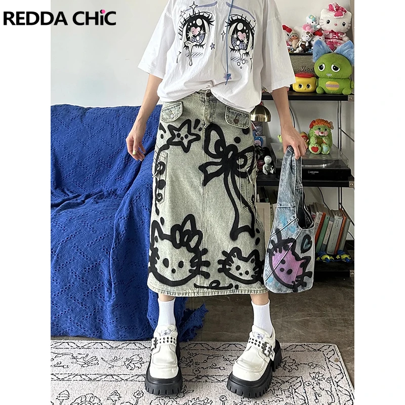 

ReddaChic милая женская длинная джинсовая юбка с бантом и разрезом сзади Y2k, джинсовая юбка-карго со звездами и граффити с низкой талией, винтажная уличная одежда