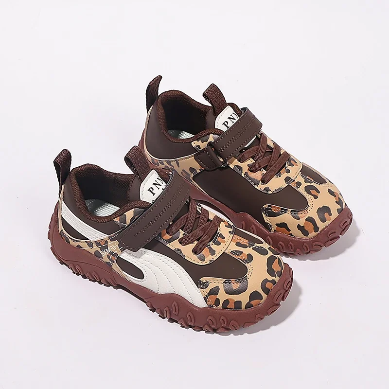 Toddler Leopard Print Patchwork Sneakers, Teens Big Kids Hook‑and‑Loop Non‑Slip Outdoor Casual Shoes 3‑Colors EU 28-37 Size