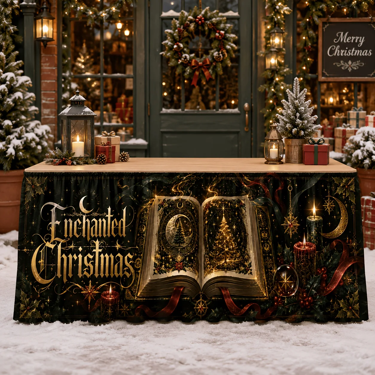 One Gothic-style Christmas tablecloth with moon phases, stars, snowflakes, fuchsia roses, pine trees and holly prints.