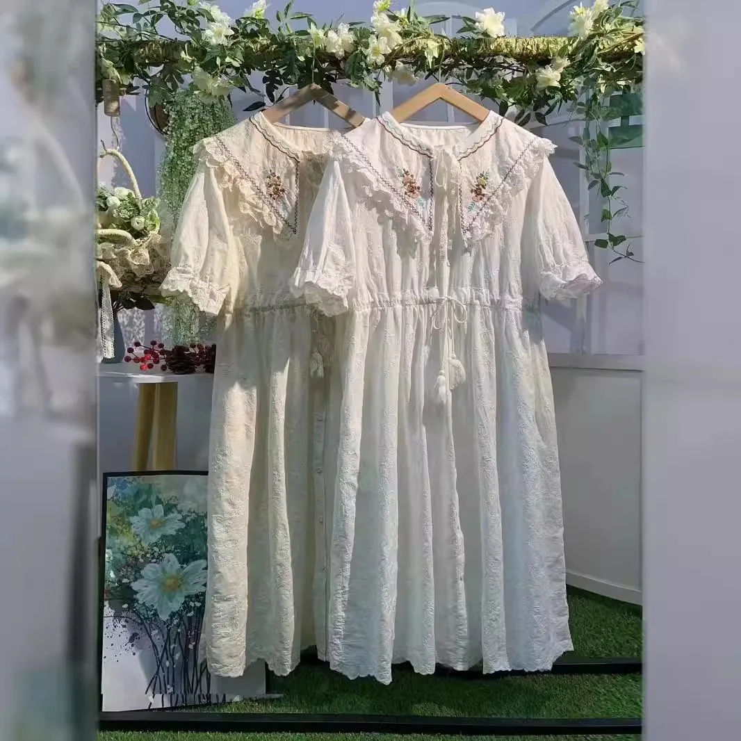 

Summer Japanese Sweet Mori Girl Flower Embroidery Lace Patchwork Dress Women Kawaii Peter Pan Collar Short Sleeve Casual Dresses