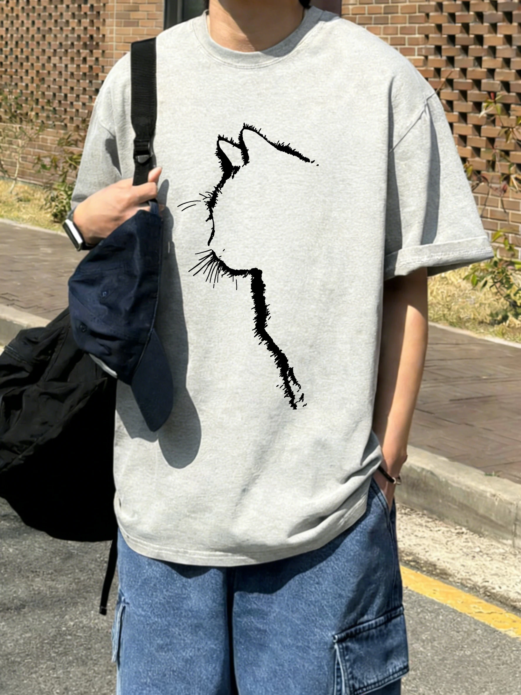 Urocza sylwetka kota Męskie koszulki T-shirty Letnie bawełniane modne T-shirty Oversize Luźne koszulki z krótkim rękawem i okrągłym dekoltem Ubrania Vintage
