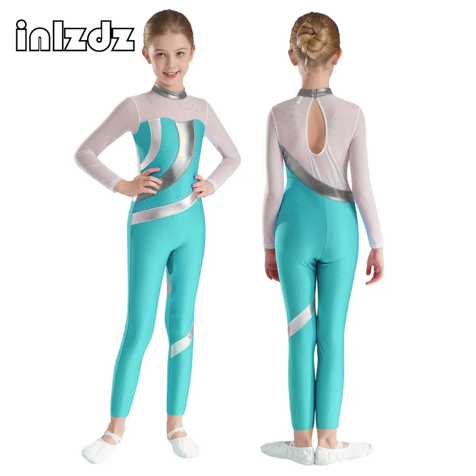 

Kids Girls Gymnastics Leotards Sheer Mesh Long Sleeve Ballet Bodysuit Metallic Contrast Figure Ice Skating Jumpsuit Dancewear