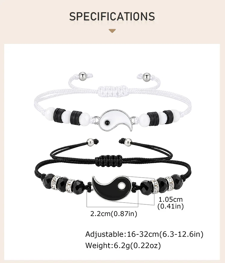 Yin-Yang-Perlenarmband-Set für Paare, Schwarz-Weißes Verstellbares Geflochtenes Seil, Passendes Paar für Ladenauswahl – Detail 3